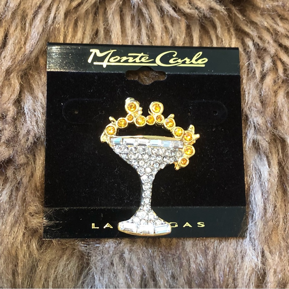 Vintage 90s Monte Carlo Hotel & Casino souvenir rhinestone cocktail brooch NWT
